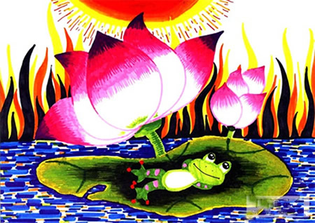 画池塘荷花青蛙的步骤_儿童水彩画荷塘荷花青蛙教程图