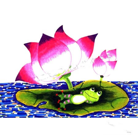 画池塘荷花青蛙的步骤_儿童水彩画荷塘荷花青蛙教程图