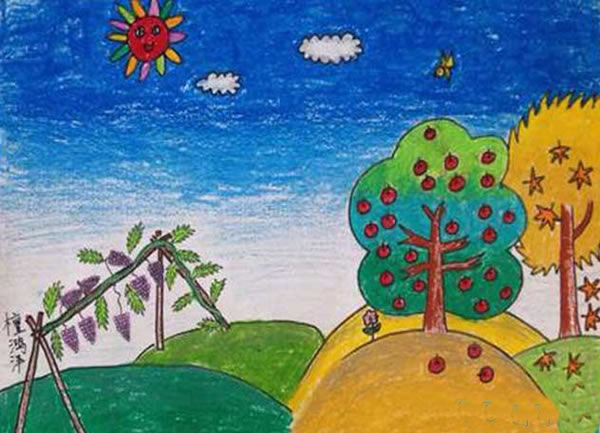 简单又漂亮秋天儿童画：秋天丰收硕果累累的儿童画