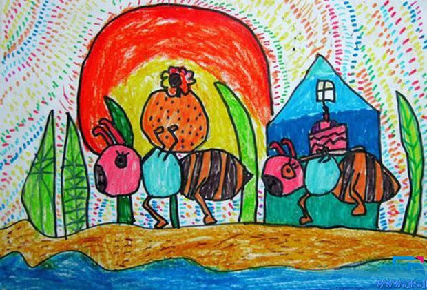 蚂蚁搬家儿童画作品大全 小学一年级怎么画蚂蚁搬家