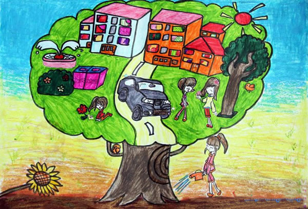 和谐绿色梦想家园儿童画 我心目中的绿色家园画