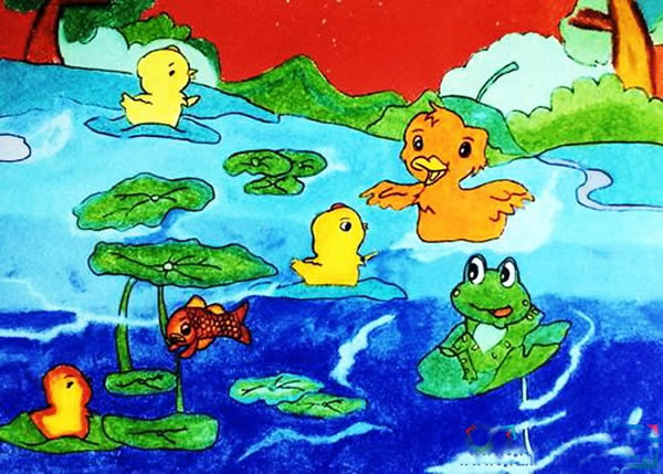 池塘戏水的鸭子儿童画 小鸭子怎么画简单图片