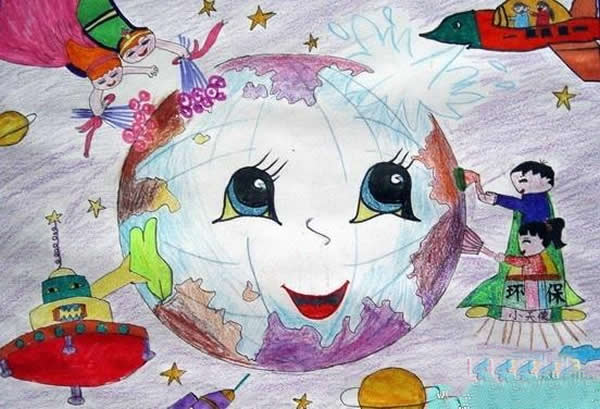 创意以环保为主题的儿童画_给地球洗澡
