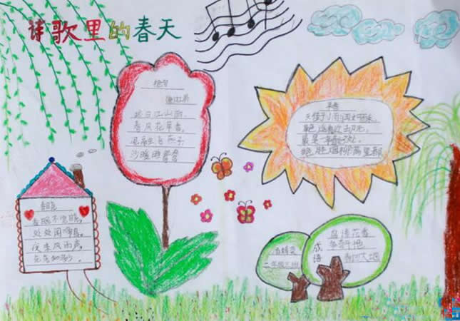 小学生古诗配春天的儿童画二年级 - 诗歌里的春天