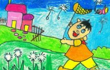 关于春天小孩捉蝴蝶的儿童画