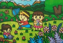 春天里的郊游捉蝴蝶儿童画