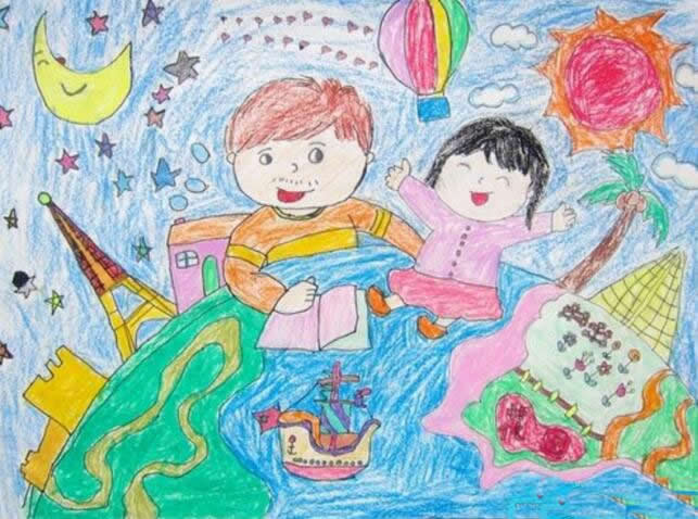 感恩父亲节儿童画优秀作品展示 - 听爸爸讲故事/蜡笔画图片