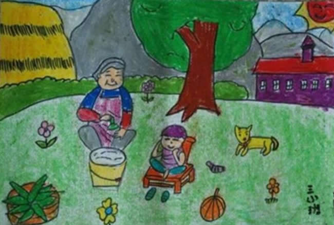 端午节奶奶包粽子儿童画 - 看奶奶包粽子