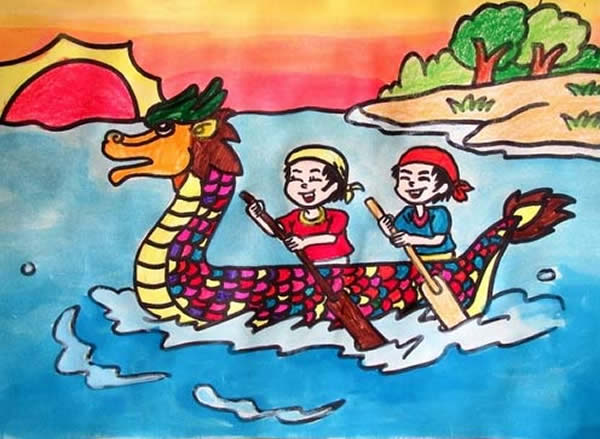 最新端午节划龙舟的儿童画/水粉画图片