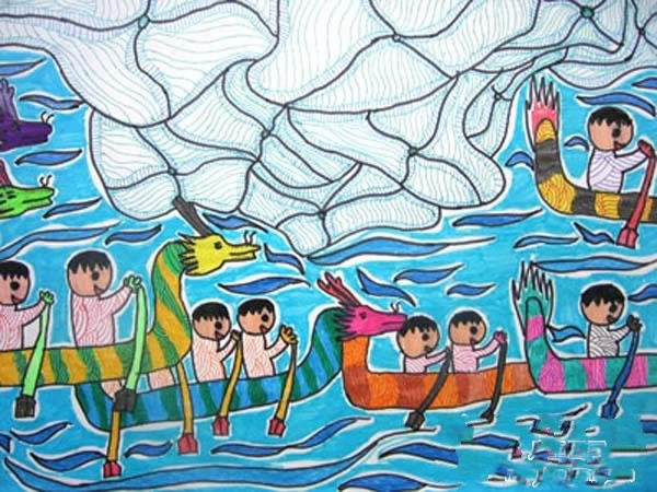 关于端午节划龙舟的场景儿童画 - 龙舟赛