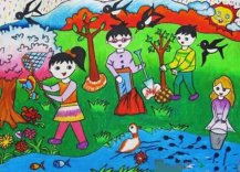 春天小朋友植树儿童画