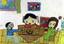 中秋节全家赏月吃月饼儿童画