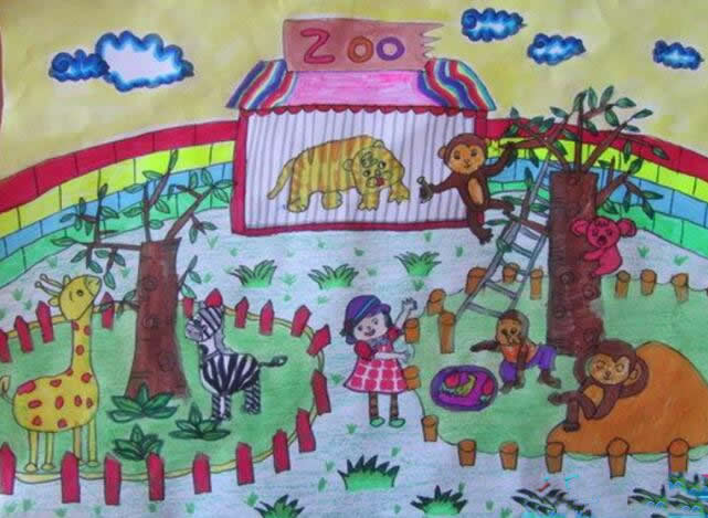 快乐的动物园儿童画范画作品