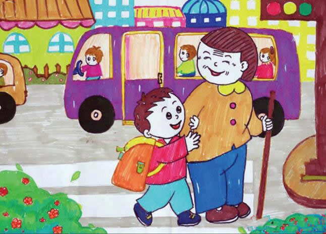 关于学雷锋做好事的儿童画优秀作品欣赏：我扶老奶奶过马路
