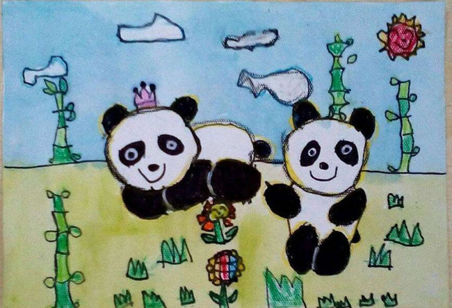 两只可爱的熊猫儿童画