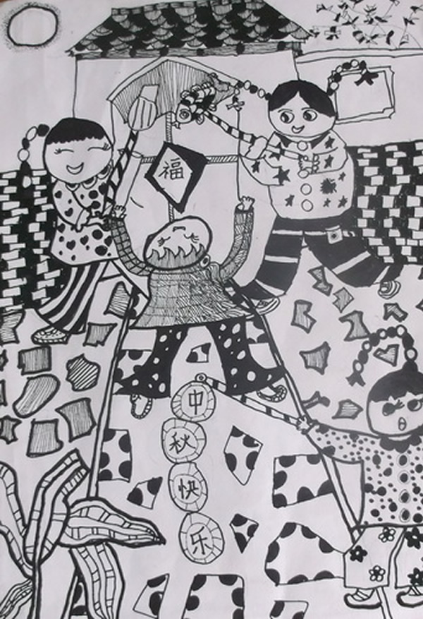 小学生中秋节绘画 中秋快乐儿童画/线描画图片