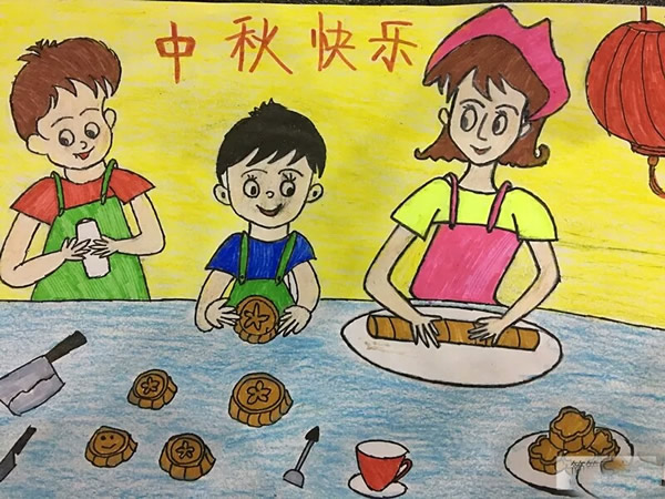 关于中秋节的儿童画 妈妈教我们做月饼