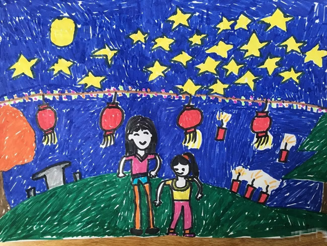 中秋夜赏月看花灯儿童画 小学生中秋节绘画