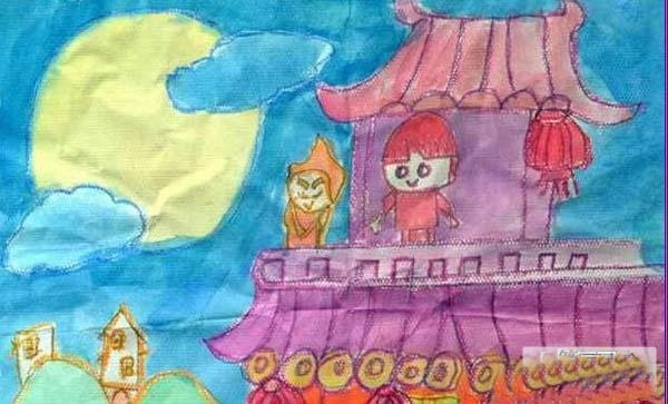 关于中秋节的儿童画水彩画图片:登高望月