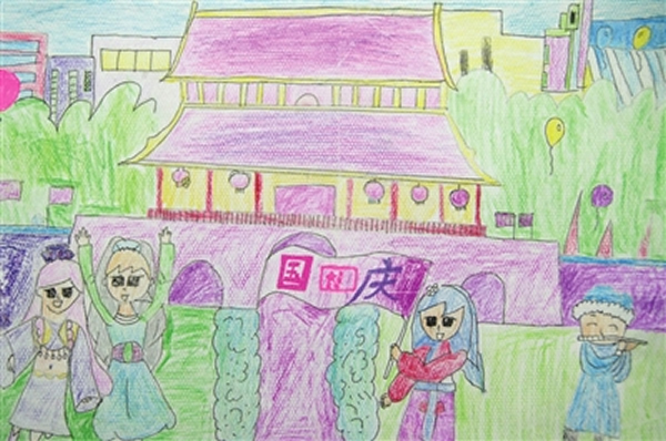 小学六年级国庆节儿童绘画作品 各族人民迎国庆/蜡笔画图片