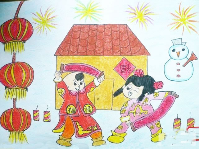关于春节的儿童画 贴春联的获奖儿童画