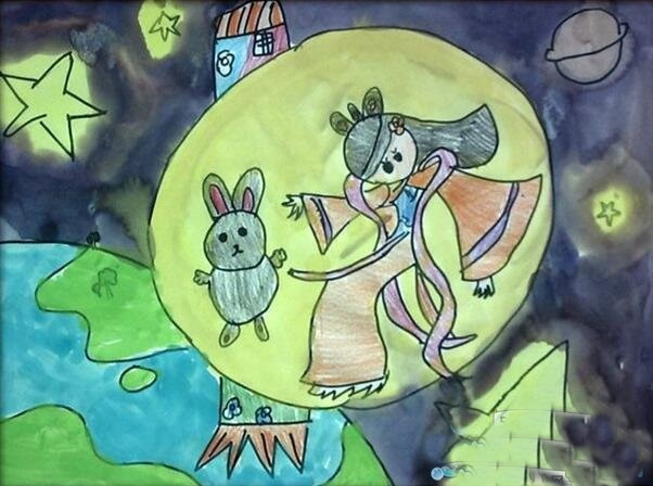 关于中秋节的儿童画 月亮上的嫦娥和玉兔