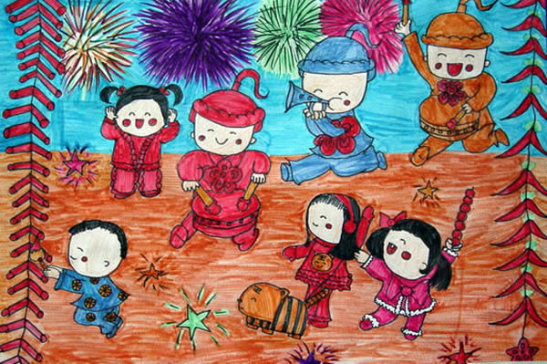主题《过年了》儿童画 过年儿童画/水彩画图片