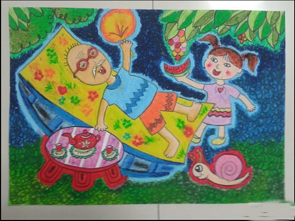 重阳节主题儿童画优秀绘画作品欣赏 我陪爷爷过重阳节