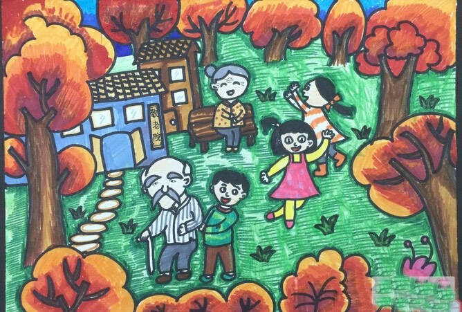 九九重阳节儿童画绘画作品 我陪爷爷奶奶过重阳节