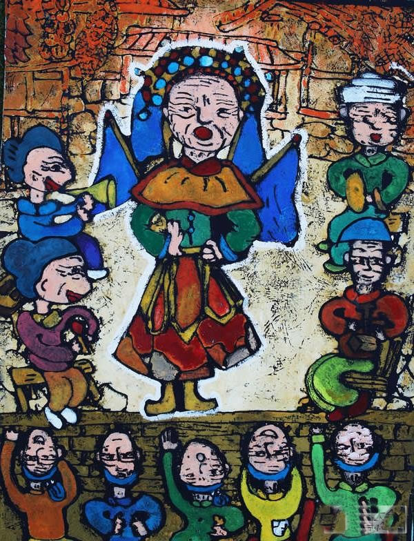 重阳节孝敬老人儿童画之老人听戏