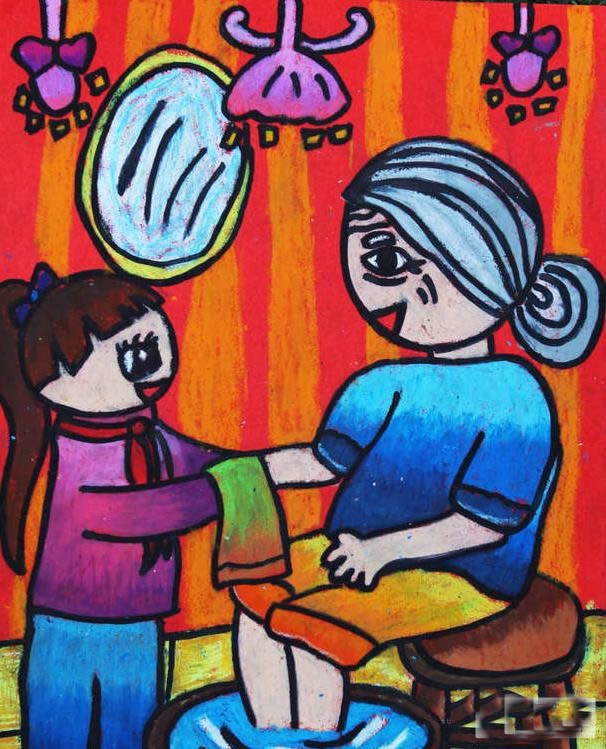 有关重阳节关爱老人主题儿童画 我给奶奶洗脚