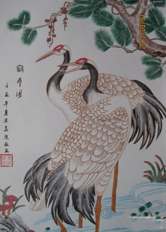 九九重阳节儿童画之松龄鹤寿图作品欣赏