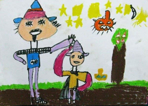 幼儿园小班关于万圣节人物儿童画作品:我和爸爸过万圣节
