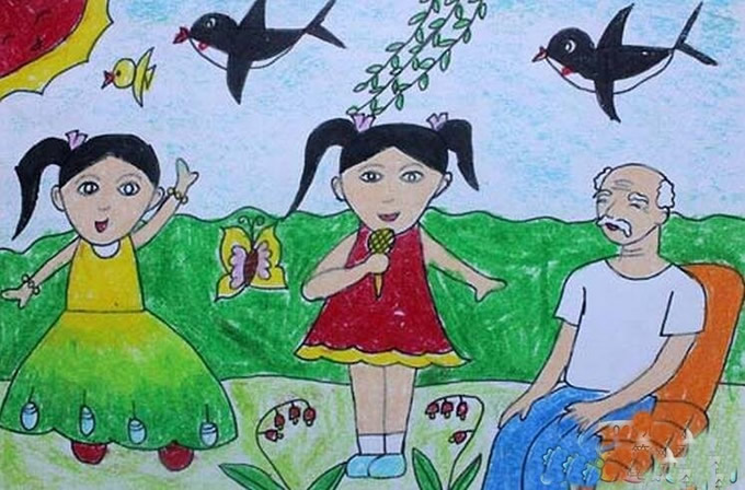 小学生重阳节儿童画图片欣赏_我们为爷爷表演节目