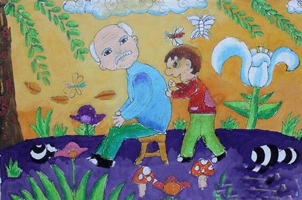 三年级重阳节儿童画作品欣赏_帮爷爷捶捶背