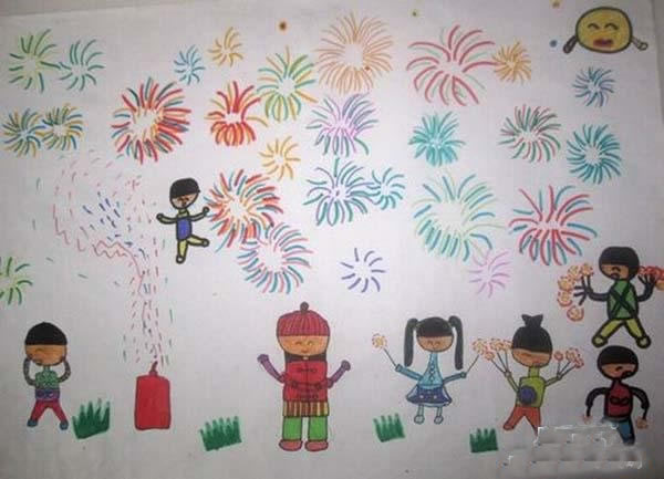 过春节放烟花的儿童绘画作品欣赏