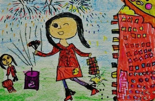 小学生关于春节的儿童画：春节放鞭炮