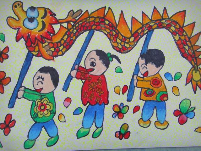 关于春节舞龙的儿童画_小学生画舞龙画简单