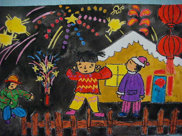 小学生关于新年主题儿童画:除夕之夜放烟花