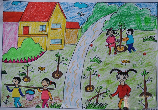全家人植树画_小学生关于春天植树节的儿童画作品