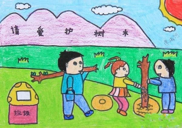 儿童春天植树节蜡笔画作品:请爱护树木