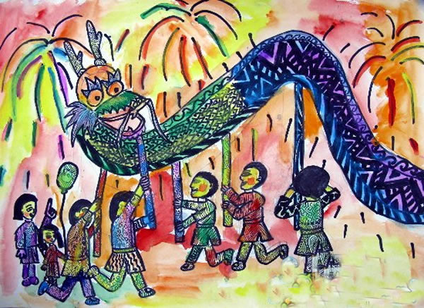新年主题儿童画优秀作品_关于舞龙的图片水彩画