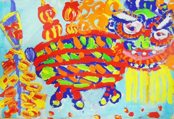 快乐的元宵节舞狮儿童画/水粉画图片