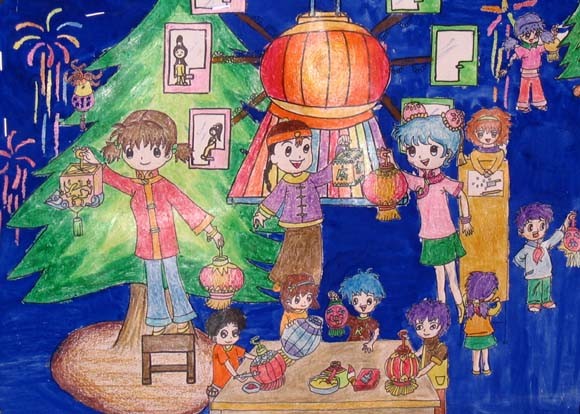 2018迎新年儿童画_新年挂灯笼/水彩画图片