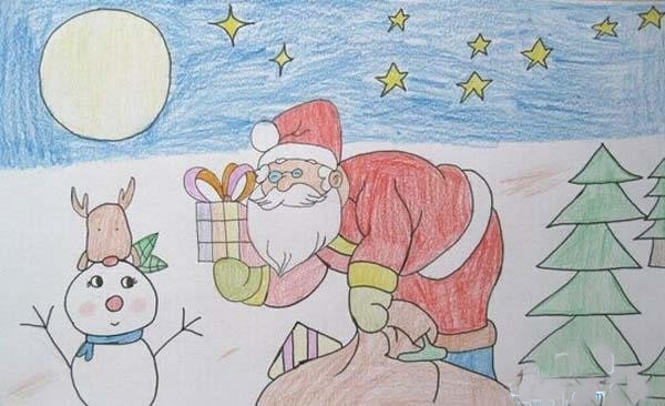 学生彩铅绘画圣诞老人图片_圣诞老人创意儿童画