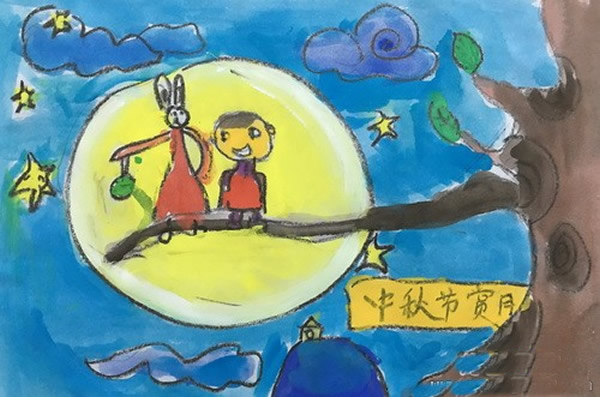 二年级中秋节主题儿童画作品_中秋节赏月/水粉画图片