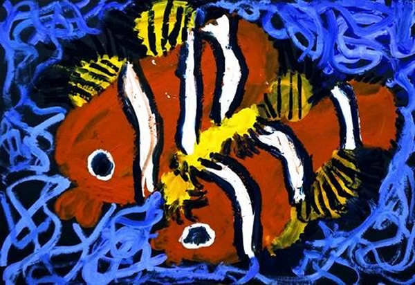 一年级海底世界儿童画水粉画获奖作品欣赏:小丑鱼