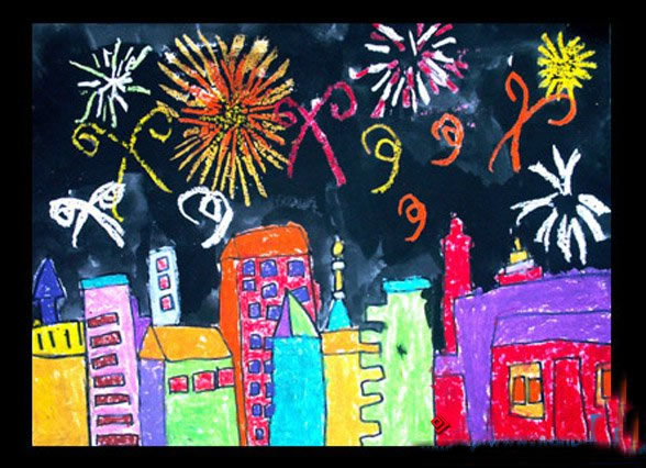 新年的烟花儿童蜡笔画作品 一幅新年画儿童画