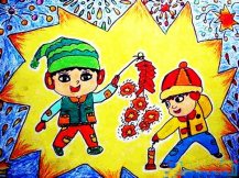 小孩放鞭炮年画儿童画