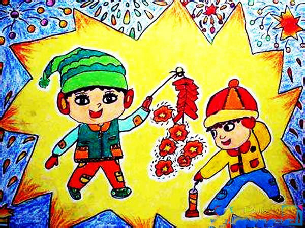 小孩放鞭炮年画儿童画 儿童画过年的图画